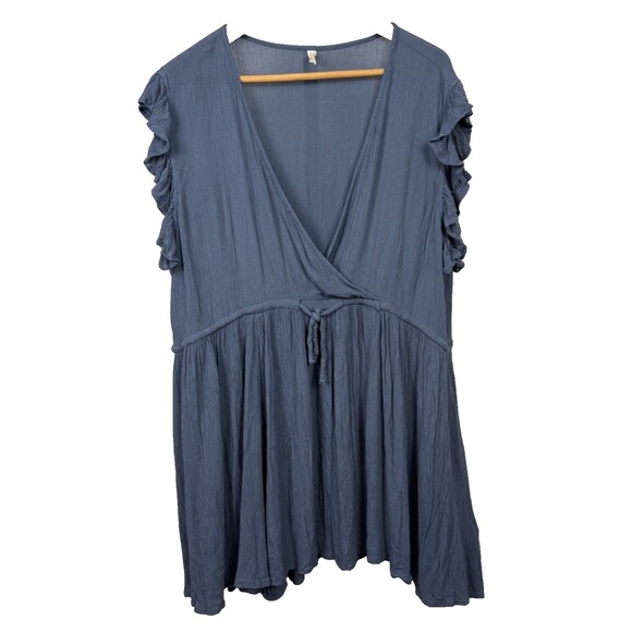 Elan Boho Ruffle Mini Dress XL Blue Crinkle Drawstring Coverup Cottagecore - Picture 1 of 8